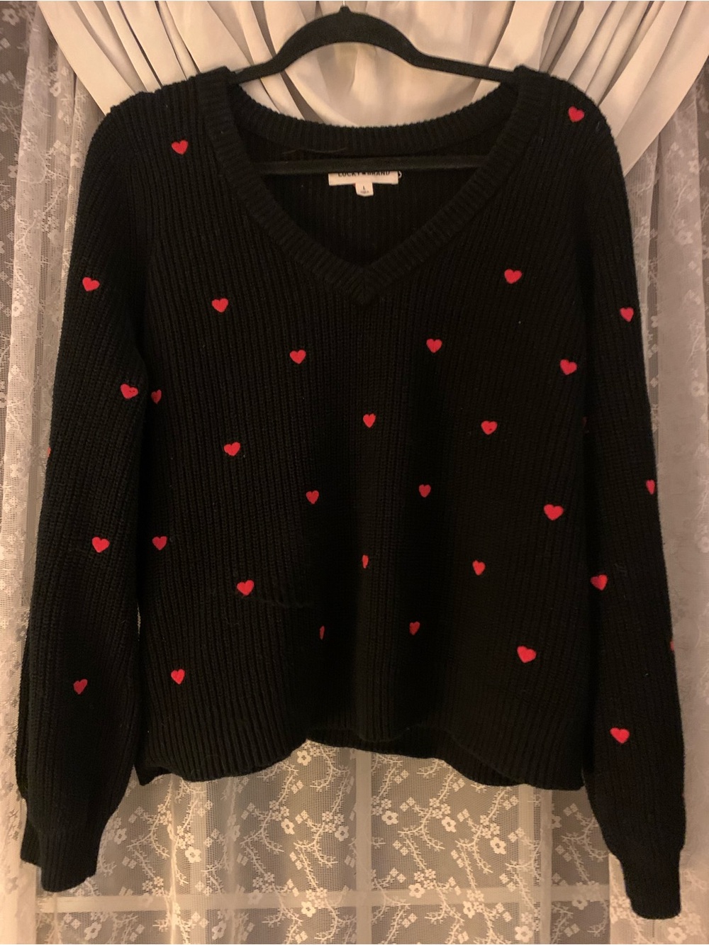 Lucky Brand Black V-Neck Sweater with Red Heart Embroidery